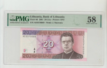 Lithuania, President Valdas Adamkus (1998 - 2003). Bank of Lithuania Pick# 66 2001 20 Litu - Printer: OFZ S/N AE9376069 - Wmk: J. Maironis 58 Choice A...
