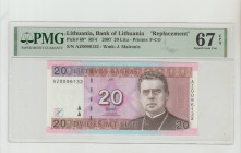 Lithuania, President Valdas Adamkus (2004 - 2009). Bank of Lithuania "Replacement" Pick# 69* RF4 2007 20 Litu - Printer: F-CO S/N AZ0096132 - Wmk: J. ...