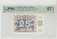 Lithuania, President Vytautas Landsbergis (1990 - 1992). Bank of Lithuania Pick# 36b 1991 25 (Talonas) - Wmk: Arms S/N AA 517326 - With Counterfeit Te...