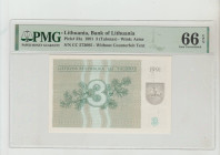 Lithuania, President Vytautas Landsbergis (1990 - 1992). Bank of Lithuania Pick# 33a 1991 3 (Talonas) - Wmk: Arms S/N CC 573095 - Without Counterfeit ...