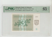 Lithuania, President Vytautas Landsbergis (1990 - 1992). Bank of Lithuania Pick# 33b 1991 3 (Talonas) - Wmk: Arms S/N CB 508519 - Without Counterfeit ...