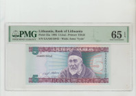 Lithuania, President Algirdas Brazauskas (1993 - 1998). Bank of Lithuania Pick# 55a 1993 5 Litai - Printer: TDLR S/N GAA8515042 - Wmk: Arms "Vytis" 65...