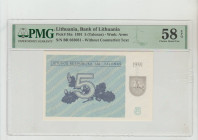 Lithuania, President Vytautas Landsbergis (1990 - 1992). Bank of Lithuania Pick# 34a 1991 5 (Talonas) - Wmk: Arms S/N BR 033031 - Without Counterfeit ...