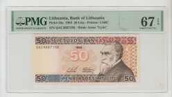 Lithuania, President Algirdas Brazauskas (1993 - 1998). Bank of Lithuania Pick# 58a 1993 50 Litu - Printer: USBC S/N QAC4667196 - Wmk: Arms "Vytis" 67...
