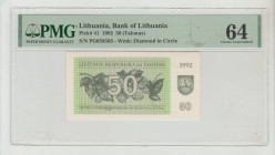 Lithuania, President Vytautas Landsbergis (1990 - 1992). Bank of Lithuania Pick# 41 1992 50 (Talonas) S/N PG058503 - Wmk: Diamond in Circle 64 Choice ...