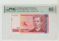 Lithuania, President Valdas Adamkus (1998 - 2003). Lithuania of Bank Pick# 64 2000 500 Litu - Printer: G&D S/N AA3743022 - Wmk: V. Kudirka & 500 65 Ge...