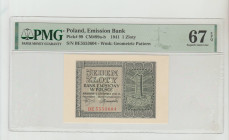 Poland, President Wladyslaw Raczkiewicz (1939 - 1947). Emission Bank Pick# 99 CM#99a-b 1941 1 Zloty S/N BE5553604 - Wmk: Geometric Pattern 67 Superb G...
