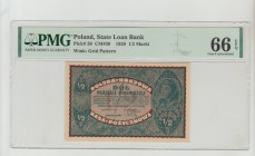 Poland, President Jozef Pilsudski (1918 - 1922). State Loan Bank Pick# 30 CM#30 Wmk: Grid Pattern 1920 1/2 Marki 66 Gem Uncirculated
PMG 66