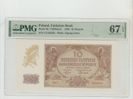 Poland, President Wladyslaw Raczkiewicz (1939 - 1947). Emission Bank Pick# 94 CM#94a-b 1940 10 Zlotych S/N J 2152320 - Wmk: Zigzag Lines 67 Superb Gem...