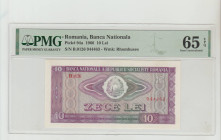 Romania, President Chivu Stoica (1965 - 1967). Banca Nationala Pick# 94a 1966 10 Lei S/N B.0126 944463 - Wmk: Rhombuses 65 Gem Uncirculated
PMG 65