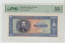 Romania, President Constantin Ion Parhon (1947 - 1952). Romania, Banca de Stat Pick# 87 1950 1000 Lei S/N C/1 0813481 55 About Uncirculated
PMG 55