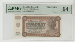Slovakia, Prime Minister Vojtech Tuka (1939 - 1944). "SPECIMEN" Republic Pick# 7s 1942 20 Korun S/N AE54 368976 64 Choice Uncirculated
PMG 64