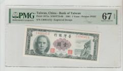 Taiwan, President Chiang Kai-shek (1950 - 1975). China - Bank of Taiwan Pick# 1971a S/M#T73-60 1961 1 Yuan - Printer: PFBT S/N C609141Q - Engraved Des...