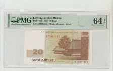 Latvia, President Valdis Zatlers (2007 - 2011). Latvijas Banka Pick# 55b 2009 20 Latu S/N A7390129I - Wmk: Woman's Head 64 Choice Uncirculated
PMG 64