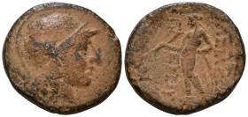 Seleukos II Kallinikos. Sardeis, 246-226 BC. Helmeted head of Athena right / ΒΑΣΙΛΕΩΣ ΣΕΛΕΥΚΟΥ, Apollo standing left, leaning on bow, holding arrow; m...