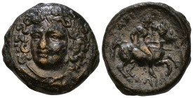 THESSALY, Larissa. 3rd century BC. Æ Dichalkon. Head of the nymph Larissa facing slightly left / [Λ]ΑΡ-Ι-[Σ]-ΑΙΩ-[Ν] (partially retrograde), warrior, ...