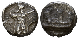 Phoenicia. Sidon. Time of Baalshallim I-Ba’ana circa 425-402 BC. 1/16 Shekel AR. Phoenician galley left before city wall with three towers, in exergue...