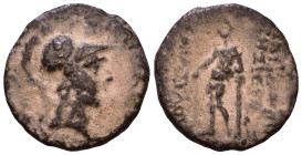 SYRIA, Seleucis and Pieria. Epiphaneia. Helmeted head of Athena right. Rev. EΠΙΦANEΩN THΣ IEPAΣ / […]. Apollo, standing, facing, leaning on column wit...