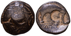 SELEUKID KINGS of SYRIA. Antiochos III 'the Great', 223-187 BC. uncertain Mint 60. Macedonian shield with facing gorgoneion in central boss. Rev. ΒΑΣΙ...