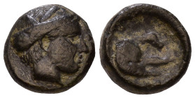 MYSIA. Pergamon. Circa 440-350 BC. Female head right. / ΠEPΓ. Head of boar right; slug above. AE 9mm, 1,13g