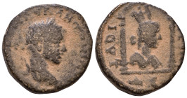 SYRIA, Seleucis and Pieria. Laodicea ad Mare. Elagabalus, 218-222. Laureate head right. Rev. Turreted and draped bust of Tyche right in distyle shrine...