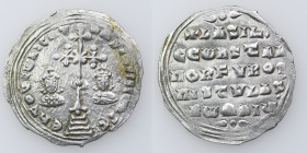 Byzantine Empire. Basil II Bulgaroktonos, with Constantine VIII. 976-1025. AR Miliaresion (25mm, 2.95g). Constantinople mint. ЄҺ TOVTω ҺICAT ЬASILЄI C...