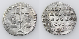Byzantine Empire. Basil II Bulgaroktonos, with Constantine VIII. 976-1025. AR Miliaresion (21mm, 2.65g). Constantinople mint. ЄҺ TOVTω ҺICAT ЬASILЄI C...