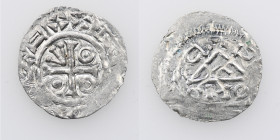 Czechia. Bohemia. Boleslav II. 967-999. AR Denar (20mm, 0.95g). Prague mint. Cross with arrow head in one angle, annulet in three angles / Temple, acr...