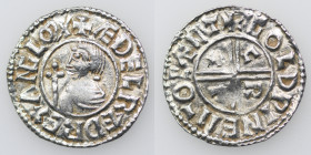 England. Aethelred II. 978-1016. AR Penny (20mm, 1.58g, 12h). Crux type (BMC iiia, Hild. C.a.). Canterbury mint; moneyer Goldwine. Struck circa 991-99...
