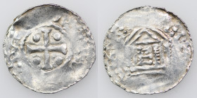 France. Diocese of Metz. Theodoric II. 1004-1046. AR Denar (20mm, 1.20g). Cross with pellet in each angle / [__]C[__]E[__], temple on columns, E insid...