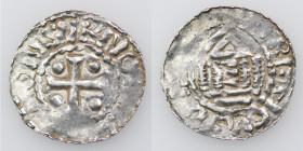 France. Diocese of Metz. Theodoric II. 1004-1046. AR Denar (20mm, 1.02g). [__]ONSVHVO[__], cross with pellet in each angle / [__]RE[_]ICV[__], temple ...