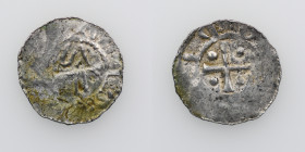 France. Verdun. Time of Bishop Haimo and Otto III 990-1024. AR Denar (16mm, 0.55g). Verdun mint. Cross with pellet in each angle / Hand of God descend...