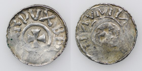 Germany. Duchy of Saxony. Bernhard I 973-1011. AR Denar (19mm, 1.19g). Bardowick (or Lüneburg or Jever?) mint. BE[RNHAR[DVX], small cross pattee / Sma...