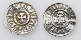 Germany. Archdiocese of Magdeburg. Giselher 981-1004. AR Denar (18mm, 1.26g). Magdeburg mint. Small cross pattee / Church facade, cross in center. Dbg...