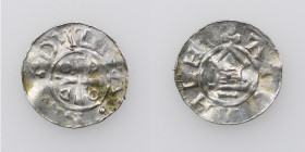 Germany. Duchy of Saxony. Goslar area. Otto III 983-1002. AR Obol (16mm, 0.62g). +DI GRA + R[EX], cross in angels O-D-D-O / AT[IA]HLHT, church facade....