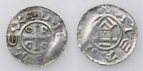 Germany. Duchy of Saxony. Goslar area. Otto III 983-1002. AR Denar (18mm, 1.44g). +DI G[RA +] REX, cross in angels O-D-D-O / ATE[__]HLT, church facade...