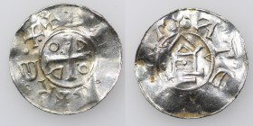 Germany. Duchy of Saxony. Goslar area. Otto III 983-1002. AR Denar (19mm, 1.40g). +DI [GR]A + REX, cross in angels O-D-D-O / ATE[__]HLT, church facade...