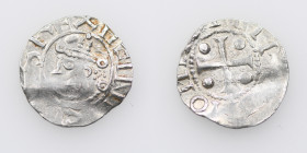 Germany. Saxony. Heinrich II 1002-1024. AR Denar (17mm, 1.31g). Dortmund mint. HEINR[I]C[HV]S REX, crowned head left / TER[TMO]NIA, cross with pellets...