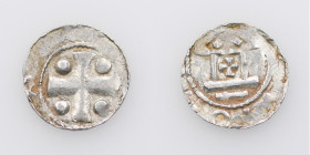 Germany. Mainz. Otto III 983-1002. AR Denar (16mm, 1.08g). Mainz mint. Cross with pellets in each angle / Church facade, cross in center. Dbg. 777-9. ...
