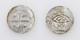 Germany. Mainz. Otto III 983-1002. AR Denar (16mm, 0.97g). Mainz mint. Cross with pellets in each angle / Church facade, cross in center. Dbg. 777-9. ...