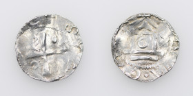 Germany. Saxony. Worms. Otto III 983-1002 or Heinrich II 1002-1024. AR Denar (16mm, 1.10g). Cross in angels 3 pellets and a crosier / Church facade, a...