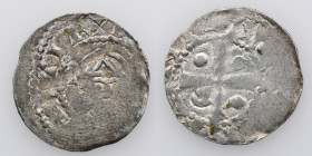 Germany. Saxony. Worms. Heinrich III 1039-1056. AR Denar (19mm, 0.98g). Crowned head facing holding globus cruciger right, crosier left / Cross with p...