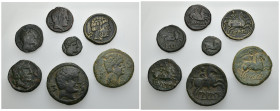 HISPANIA ANTIGUA. Lote de 7 piezas: 4 unidades -Aratikos, Arketurki, Belikiom y Bilbilis-; 2 mitades -Belikio y Bilbilis-y 1 cuarto de Bilbilis. BC+/M...