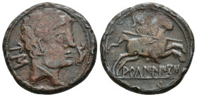 HISPANIA ANTIGUA. ARKAILIKOS. Unidad. A/ Cabeza masculina con collar a der., detrás US, delante delfín. R/ Jinete lancero a der., debajo sobre línea A...