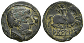 HISPANIA ANTIGUA. ARSAOS. As. A/ Cabeza masculina con collar a der. entre arado y delfín. R/ Jinete con bipennis a der., debajo sobre línea ARSAOS. AE...