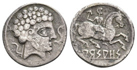 HISPANIA ANTIGUA. ARSAOS. Denario. A/ Cabeza masculina a der. entre arado y delfín. R/ Jinete con bipennis a der., debajo sobre línea ARSAOS. AR 3,16 ...