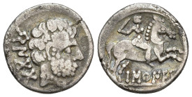 HISPANIA ANTIGUA. BASKUNES. Denario. A/ Cabeza masculina con collar a der., detrás BeNKoTa. R/ Jinete con espada a der., debajo sobre línea BaSKuNES. ...