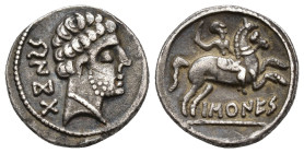 HISPANIA ANTIGUA. BASKUNES. Denario. A/ Cabeza masculina con collar a der., detrás BeNKoTa. R/ Jinete con espada a der.; debajo sobre línea BaSKuNES. ...
