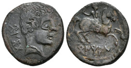 HISPANIA ANTIGUA. BENTIAN-BENKOTA. As. A/ Cabeza masculina con collar a der., delante delfín, detrás BeNKoTa. R/ Jinete con espada a der., bajo línea ...