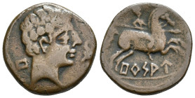 HISPANIA ANTIGUA. BURSAU. Unidad. A/ Cabeza masculina a der., delante delfín, detrás Bu. R/ Jinete lancero a der., debajo sobre línea BuRSAU. AE 9,37 ...
